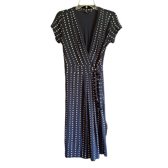 Ann Taylor Sz 4 Blue Polka Dot V Neck Wrap Dress Short Sleeve Classic Retro EUC - Picture 3 of 12